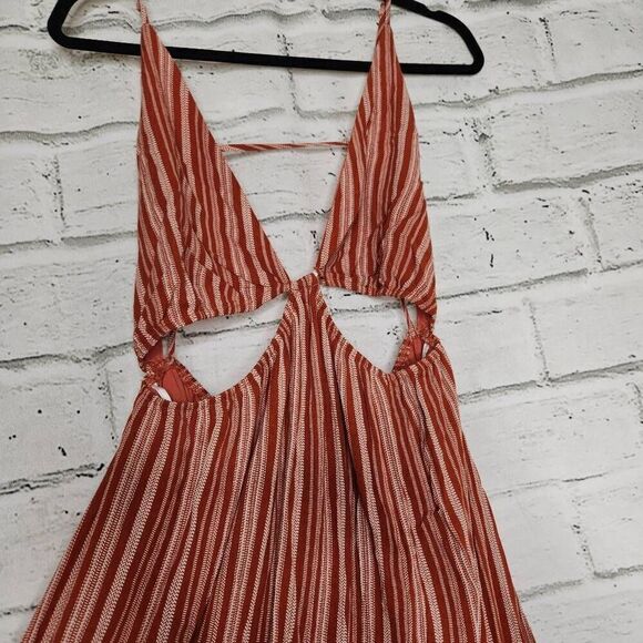 Lulus Womens Rust Striped Rayon Open Back Cutout Maxi Dress Size Medium - Picture 7 of 16